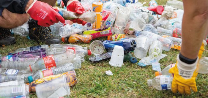 Hands with gloves counting littered plastic bottles